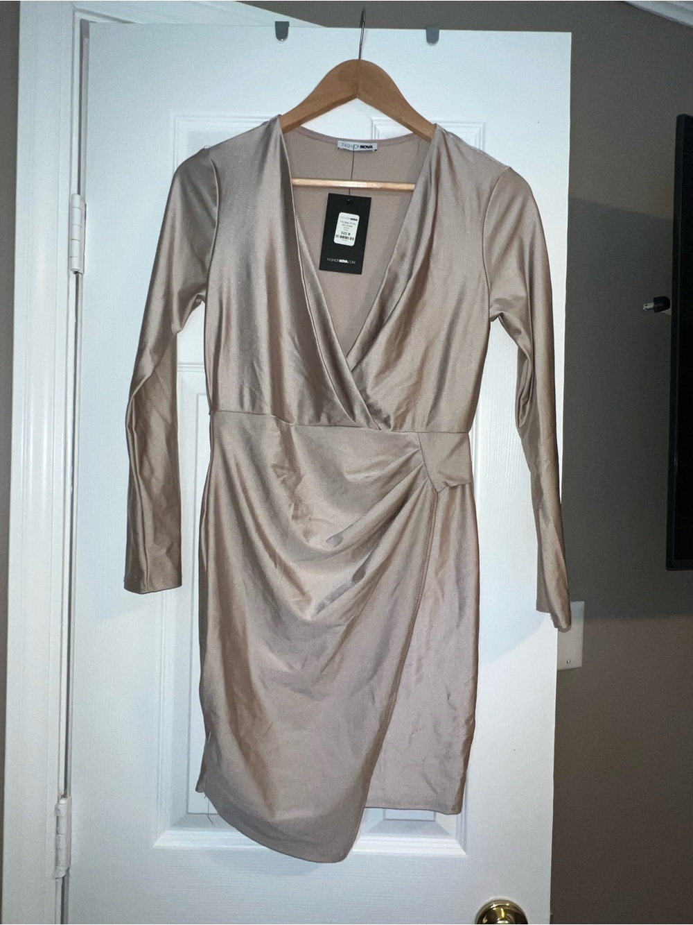 Fashion Nova Taupe Satin-Look Long Sleeve Wrap Dress
